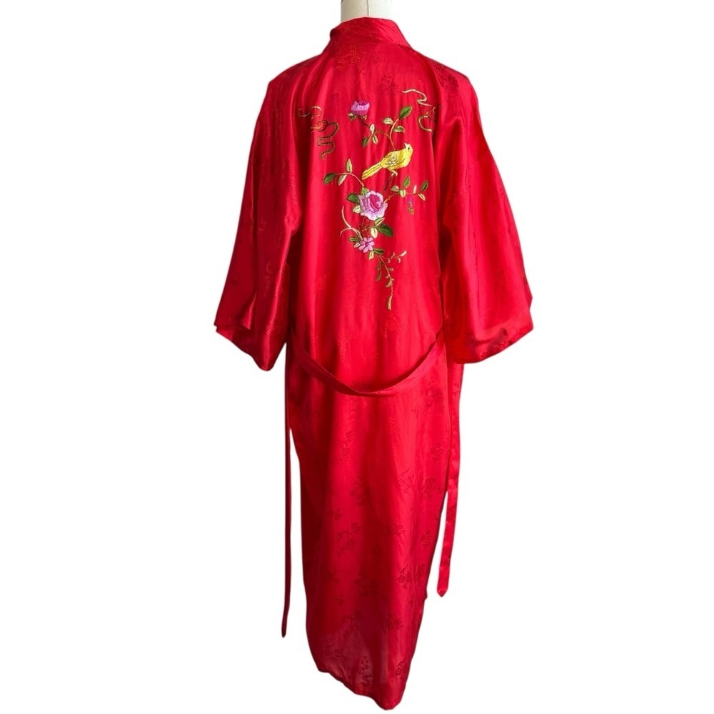Vintage Golden Bee Embroidered Bird Robe S Red Wide Sleeve Full Length Floral